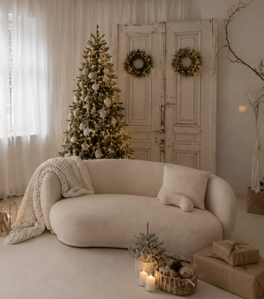 Weihnachts-Mini Setting – dekorierter Baum, Bouclé-Sofa, Kerzenschein